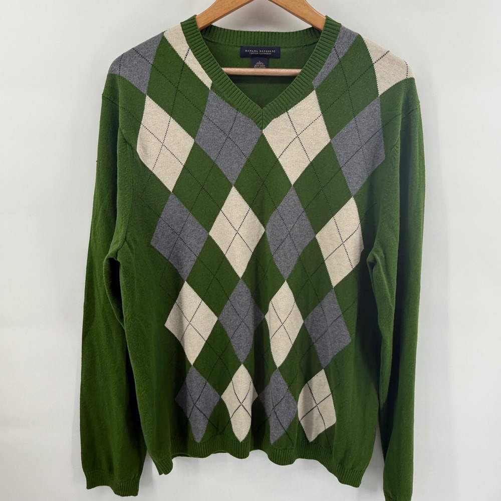 Banana Republic Mens Green Argyle Cotton Cashmere V-Neck Sweater Large
